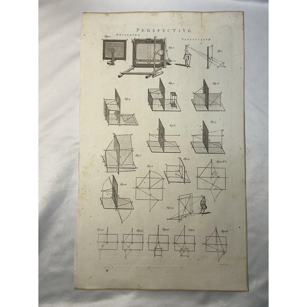 1800s Antique Perspective Engraving Drawing Machine Geometry Projection Print